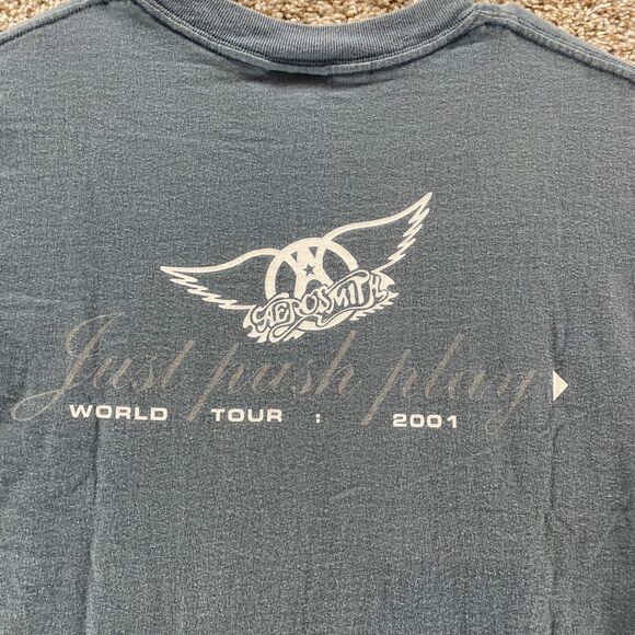 Vintage Aerosmith Shirt Mens Medium Blue Just Push Play Tour 2001 Y2K Cotton - Picture 10 of 13